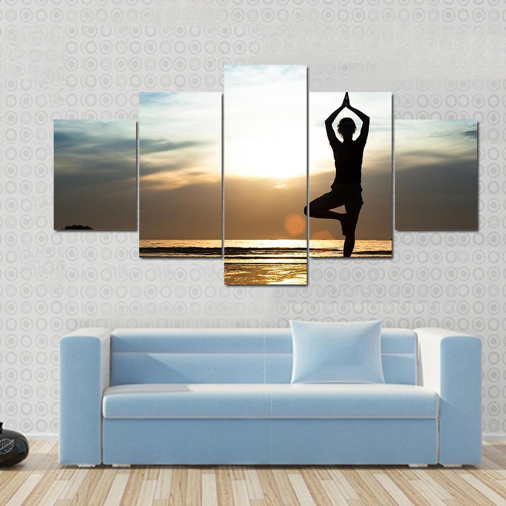 Silhouette Of A woman Practicing Yoga On The Beach At Sunset Canvas Wall Art-5 Star-Gallery Wrap-62" x 32"-Tiaracle