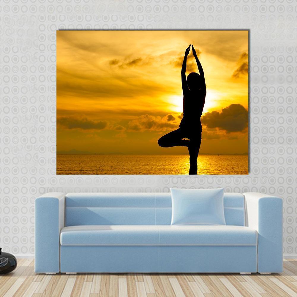 Silhouette Of Beautiful Yoga Woman In Morning Canvas Wall Art-1 Piece-Gallery Wrap-48" x 32"-Tiaracle