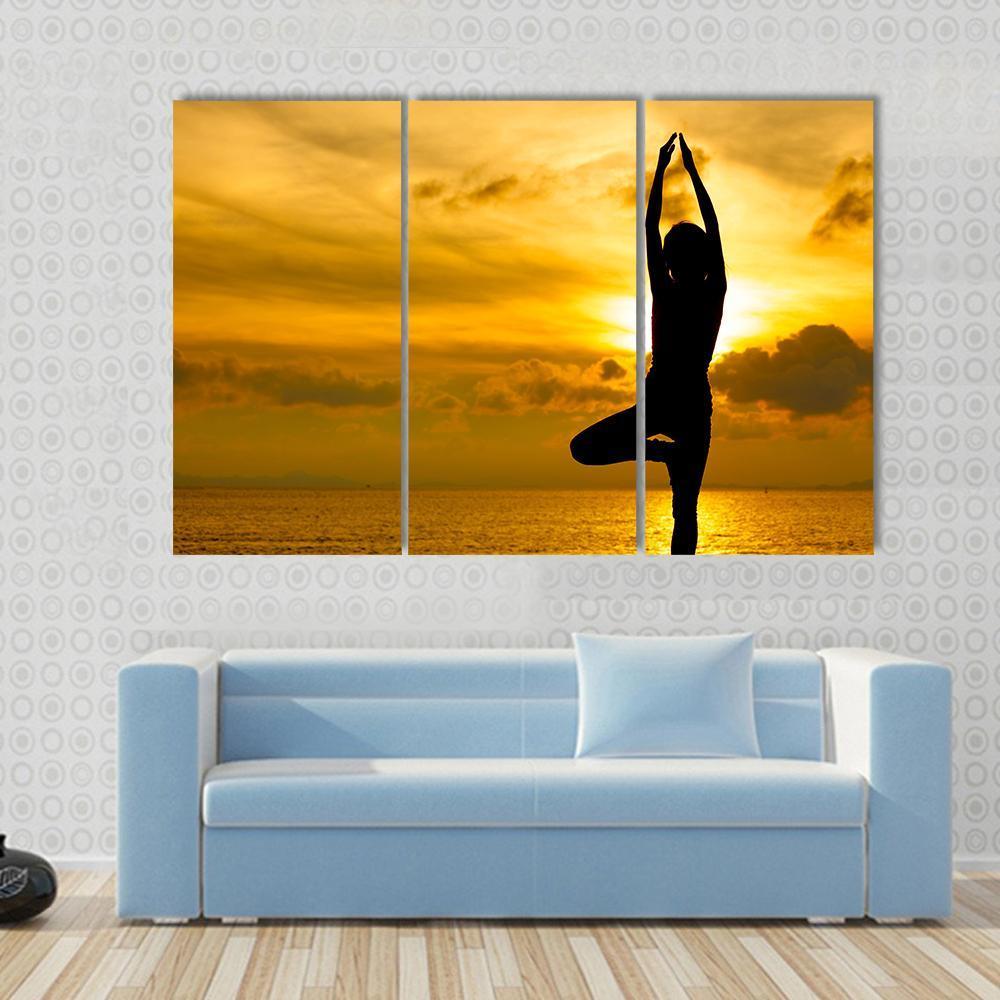 Silhouette Of Beautiful Yoga Woman In Morning Canvas Wall Art-3 Horizontal-Gallery Wrap-37" x 24"-Tiaracle