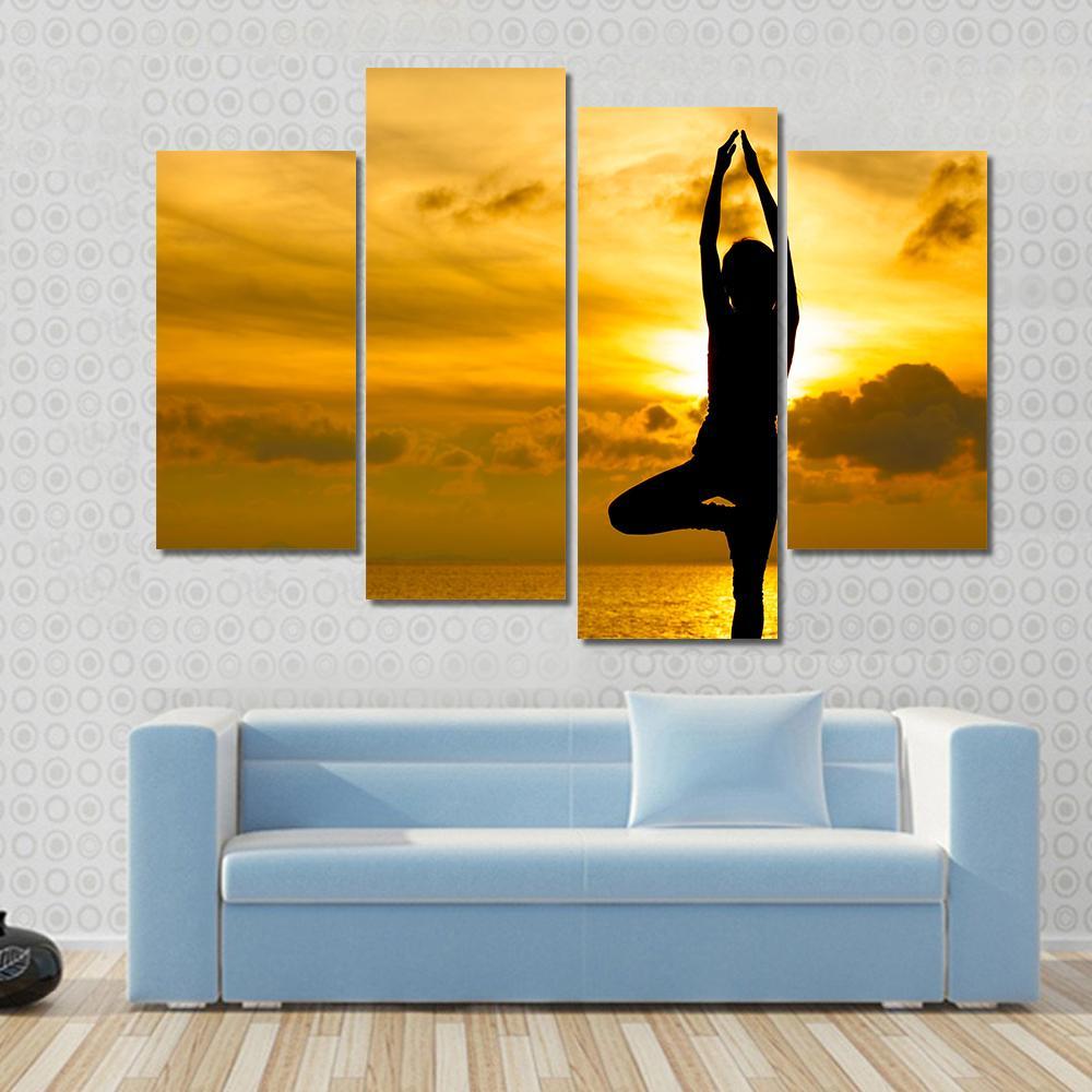 Silhouette Of Beautiful Yoga Woman In Morning Canvas Wall Art-4 Pop-Gallery Wrap-50" x 32"-Tiaracle