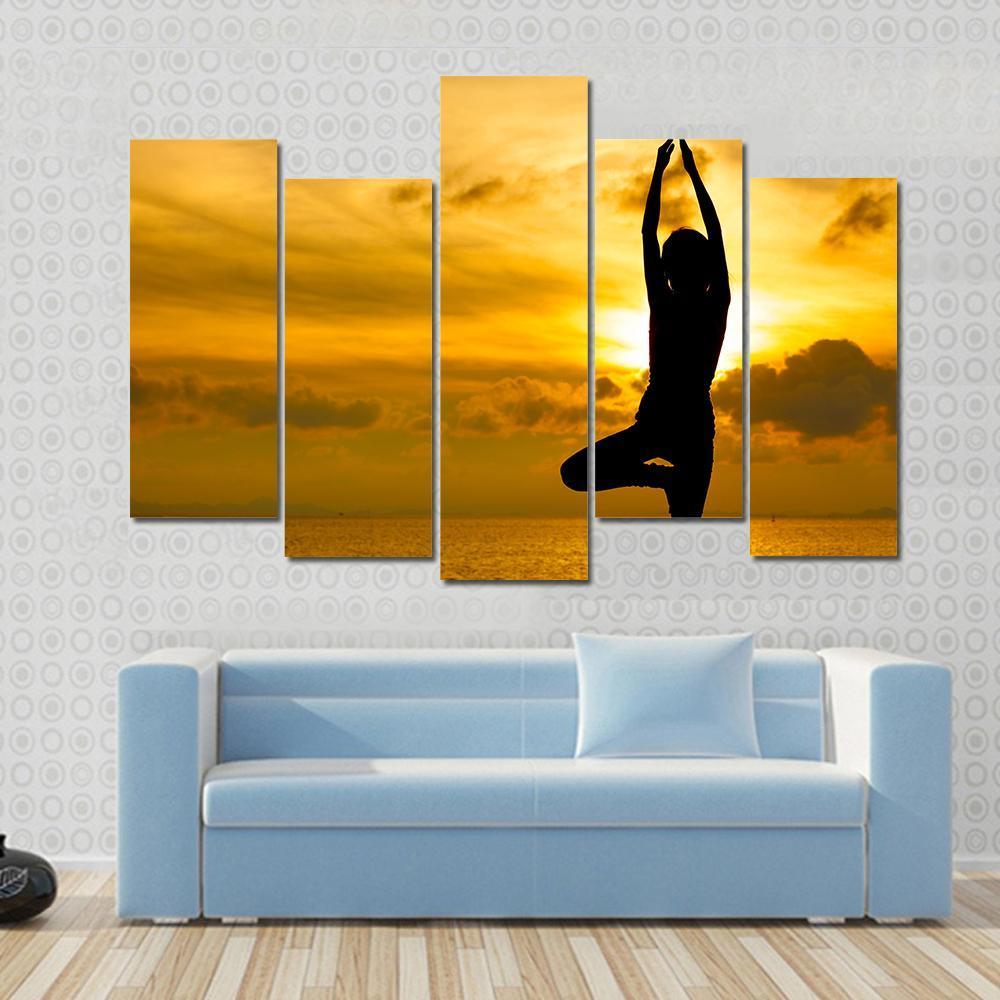 Silhouette Of Beautiful Yoga Woman In Morning Canvas Wall Art-5 Pop-Gallery Wrap-47" x 32"-Tiaracle