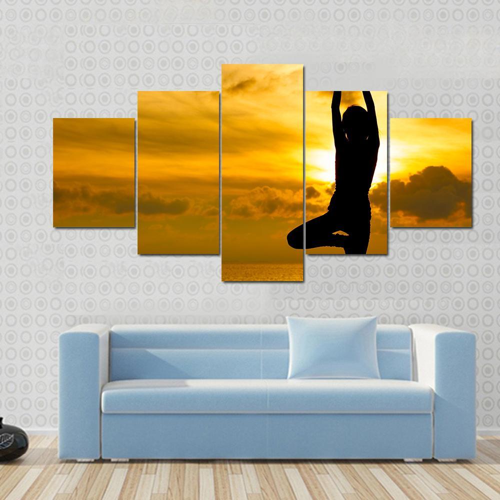 Silhouette Of Beautiful Yoga Woman In Morning Canvas Wall Art-5 Star-Gallery Wrap-62" x 32"-Tiaracle