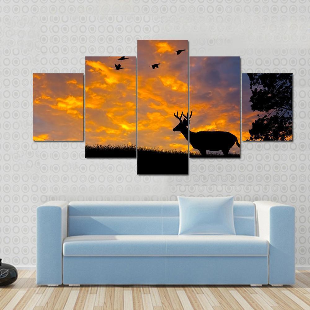 Silhouette Of Deer Canvas Wall Art-5 Star-Gallery Wrap-62" x 32"-Tiaracle