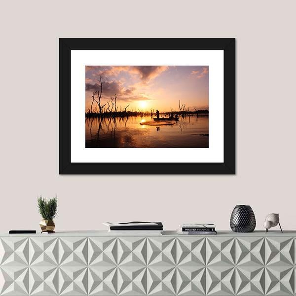 Silhouette Of Fisherman Canvas Wall Art-1 Piece-Framed Print-20" x 16"-Tiaracle