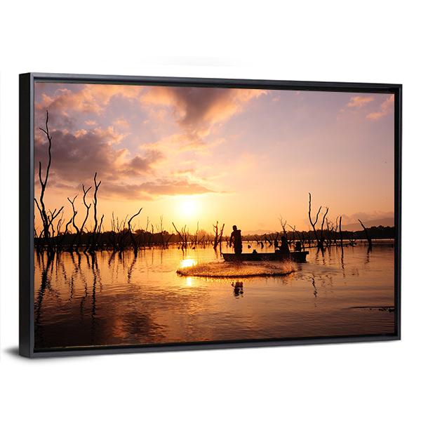 Silhouette Of Fisherman Canvas Wall Art-3 Horizontal-Gallery Wrap-25" x 16"-Tiaracle