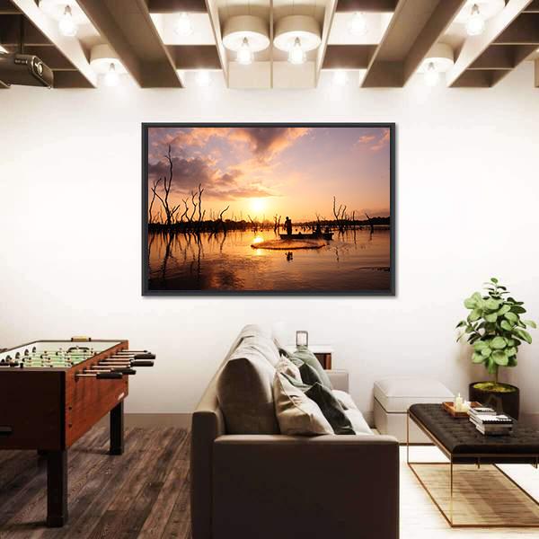 Silhouette Of Fisherman Canvas Wall Art-3 Horizontal-Gallery Wrap-25" x 16"-Tiaracle