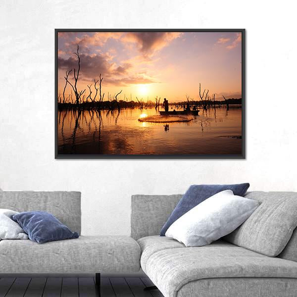 Silhouette Of Fisherman Canvas Wall Art-3 Horizontal-Gallery Wrap-25" x 16"-Tiaracle