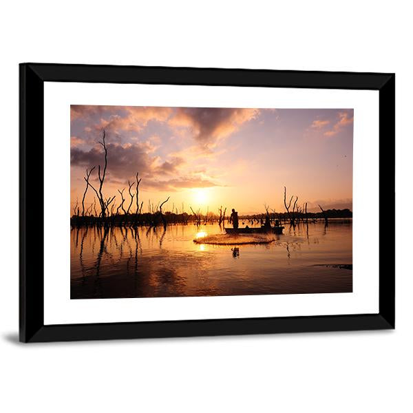 Silhouette Of Fisherman Canvas Wall Art-3 Horizontal-Gallery Wrap-25" x 16"-Tiaracle