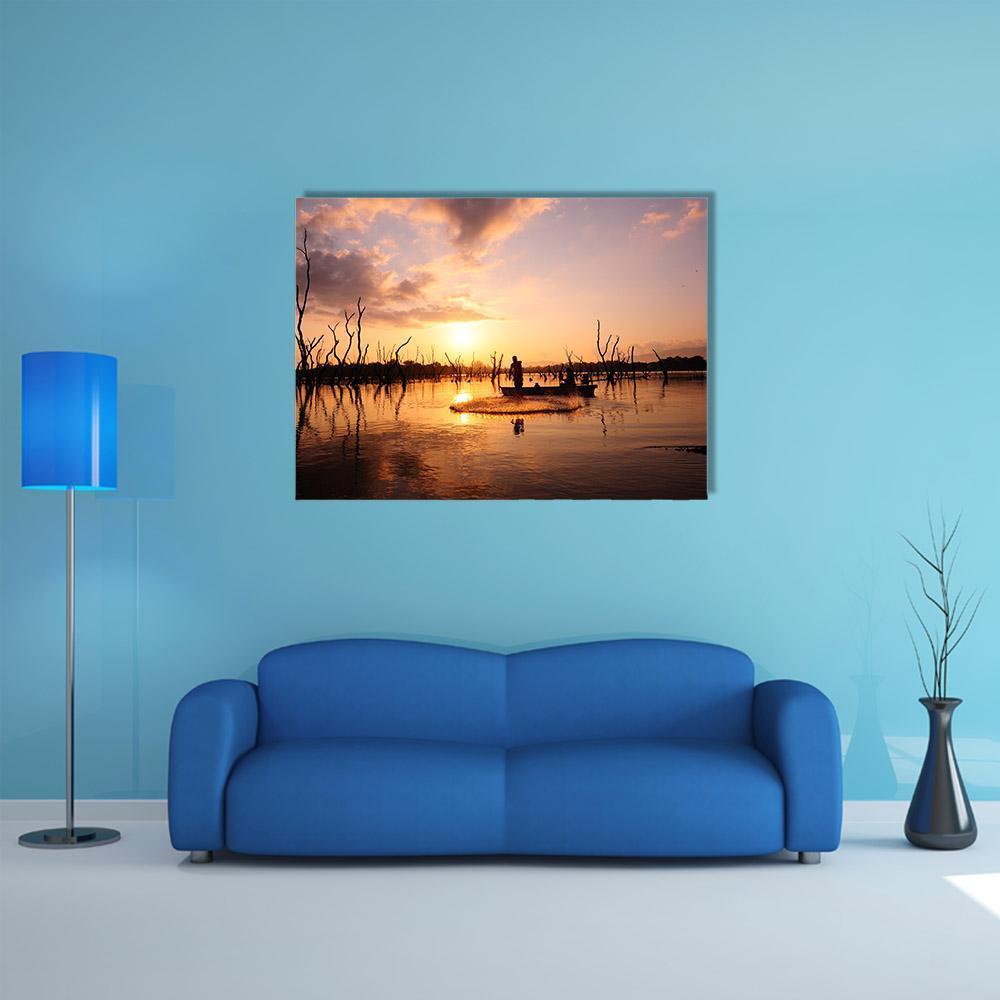 Silhouette Of Fisherman Canvas Wall Art-1 Piece-Gallery Wrap-48" x 32"-Tiaracle