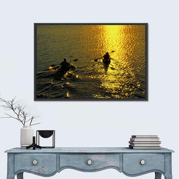 Silhouette Of Man And Woman Kayaking On A Lake At Sunset Canvas Wall Art-1 Piece-Floating Frame-24" x 16"-Tiaracle