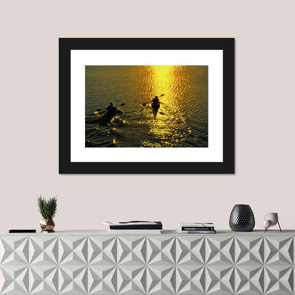 Silhouette Of Man And Woman Kayaking On A Lake At Sunset Canvas Wall Art-1 Piece-Framed Print-20" x 16"-Tiaracle