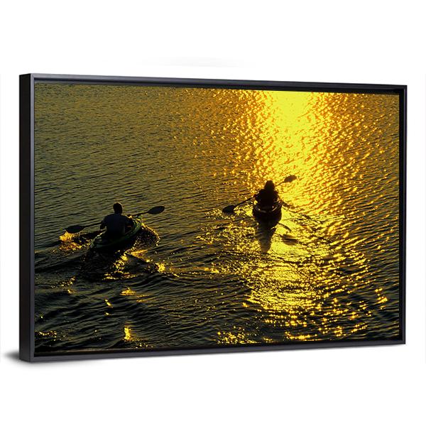 Silhouette Of Man And Woman Kayaking On A Lake At Sunset Canvas Wall Art-3 Horizontal-Gallery Wrap-25" x 16"-Tiaracle