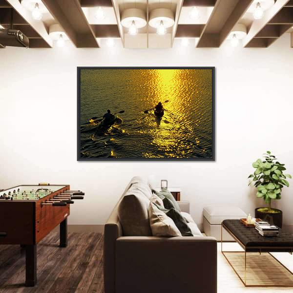 Silhouette Of Man And Woman Kayaking On A Lake At Sunset Canvas Wall Art-3 Horizontal-Gallery Wrap-25" x 16"-Tiaracle