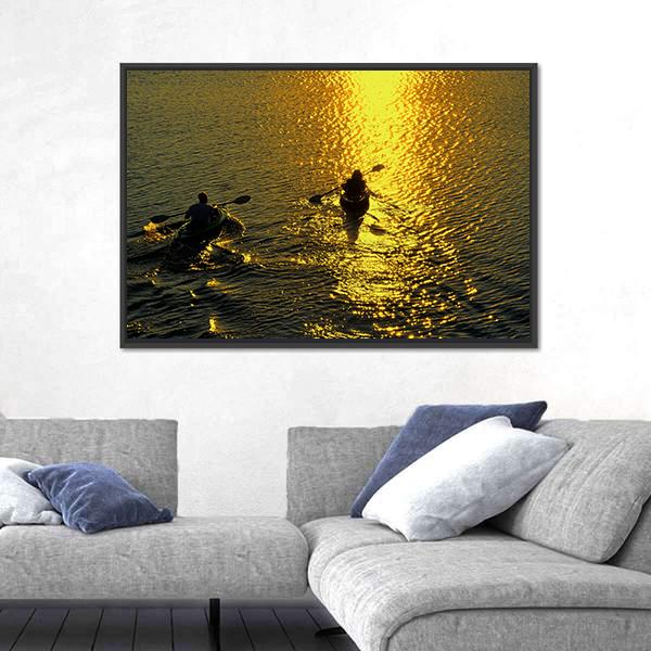 Silhouette Of Man And Woman Kayaking On A Lake At Sunset Canvas Wall Art-3 Horizontal-Gallery Wrap-25" x 16"-Tiaracle