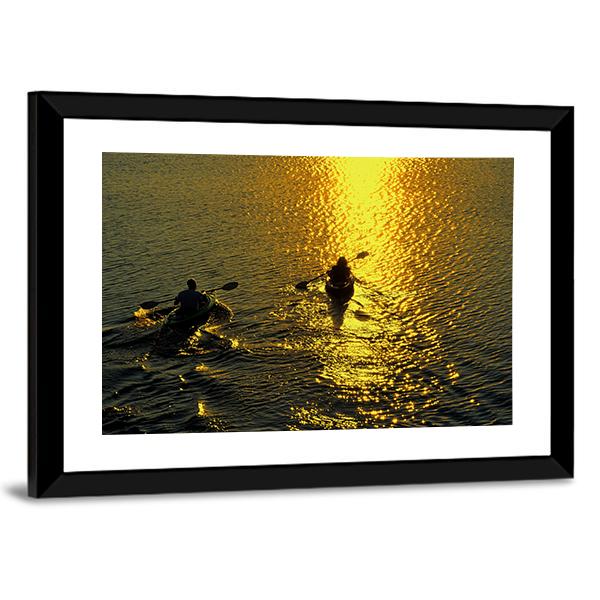 Silhouette Of Man And Woman Kayaking On A Lake At Sunset Canvas Wall Art-3 Horizontal-Gallery Wrap-25" x 16"-Tiaracle