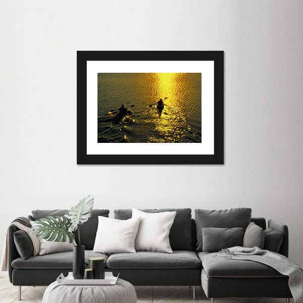 Silhouette Of Man And Woman Kayaking On A Lake At Sunset Canvas Wall Art-3 Horizontal-Gallery Wrap-25" x 16"-Tiaracle