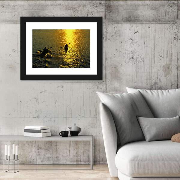 Silhouette Of Man And Woman Kayaking On A Lake At Sunset Canvas Wall Art-3 Horizontal-Gallery Wrap-25" x 16"-Tiaracle