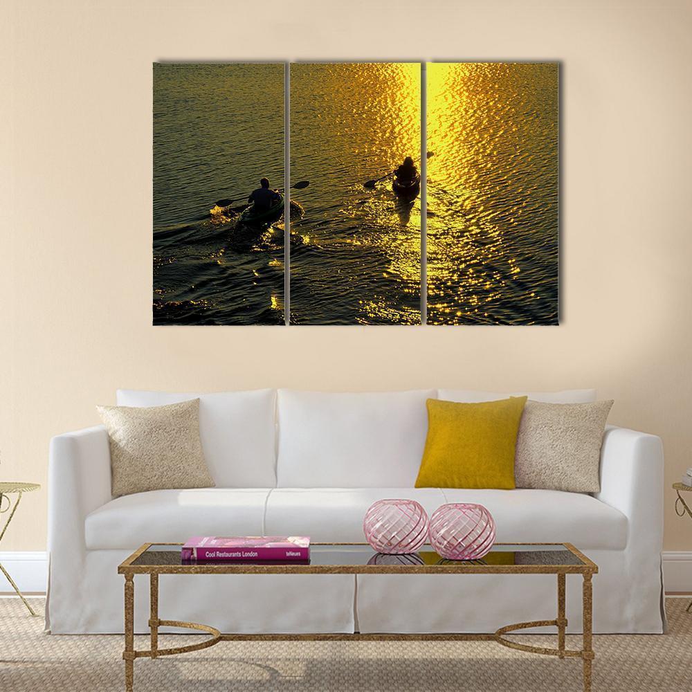 Silhouette Of Man And Woman Kayaking On A Lake At Sunset Canvas Wall Art-3 Horizontal-Gallery Wrap-37" x 24"-Tiaracle