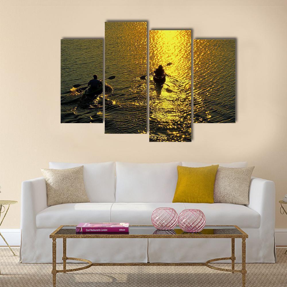 Silhouette Of Man And Woman Kayaking On A Lake At Sunset Canvas Wall Art-4 Pop-Gallery Wrap-50" x 32"-Tiaracle