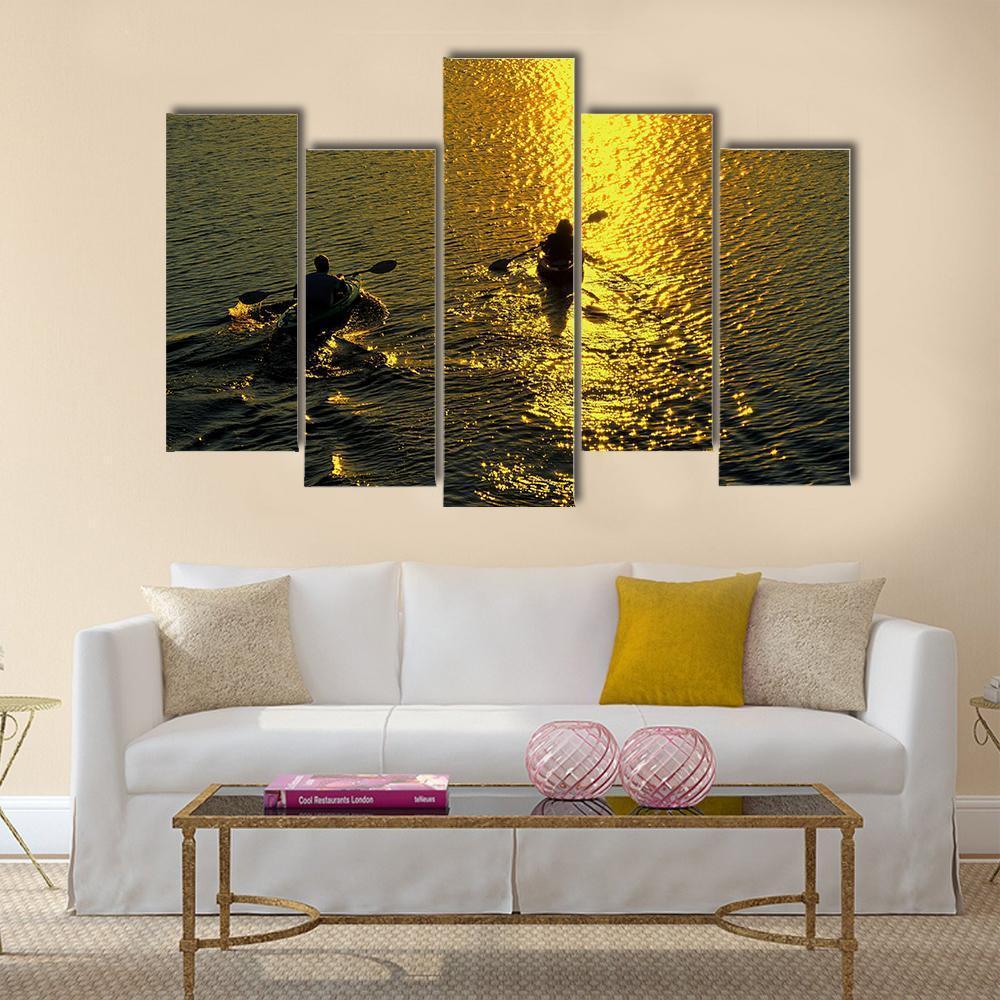 Silhouette Of Man And Woman Kayaking On A Lake At Sunset Canvas Wall Art-5 Pop-Gallery Wrap-47" x 32"-Tiaracle