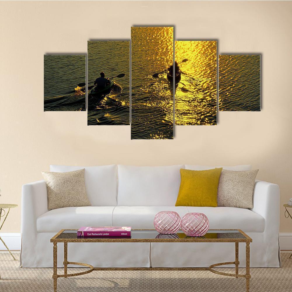 Silhouette Of Man And Woman Kayaking On A Lake At Sunset Canvas Wall Art-5 Star-Gallery Wrap-62" x 32"-Tiaracle