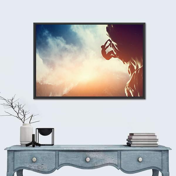 Silhouette Of Man Climbing On Rock Canvas Wall Art-1 Piece-Floating Frame-24" x 16"-Tiaracle