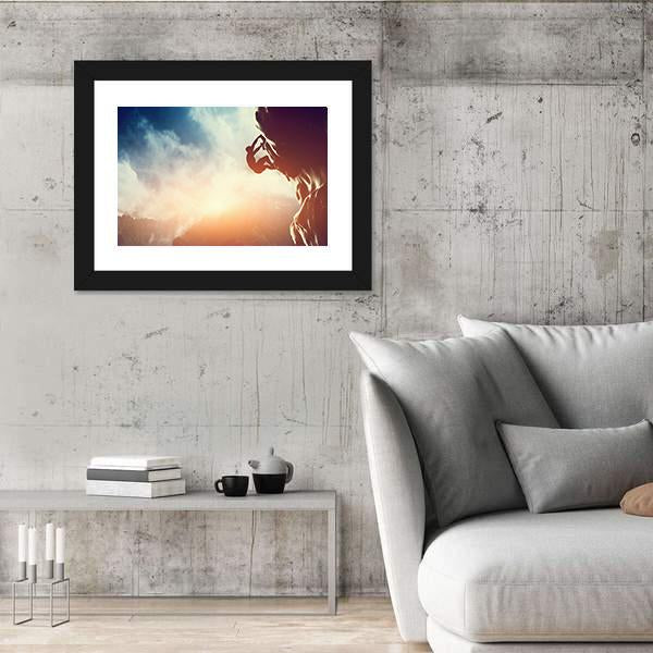 Silhouette Of Man Climbing On Rock Canvas Wall Art-3 Horizontal-Gallery Wrap-25" x 16"-Tiaracle