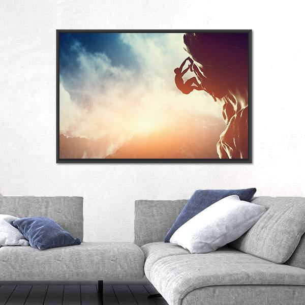 Silhouette Of Man Climbing On Rock Canvas Wall Art-3 Horizontal-Gallery Wrap-25" x 16"-Tiaracle