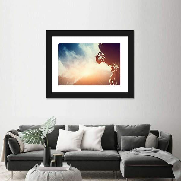 Silhouette Of Man Climbing On Rock Canvas Wall Art-3 Horizontal-Gallery Wrap-25" x 16"-Tiaracle