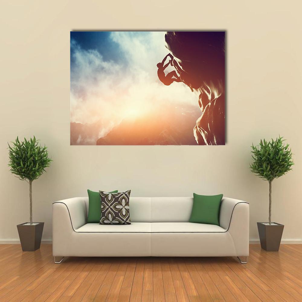 Silhouette Of Man Climbing On Rock Canvas Wall Art-1 Piece-Gallery Wrap-48" x 32"-Tiaracle