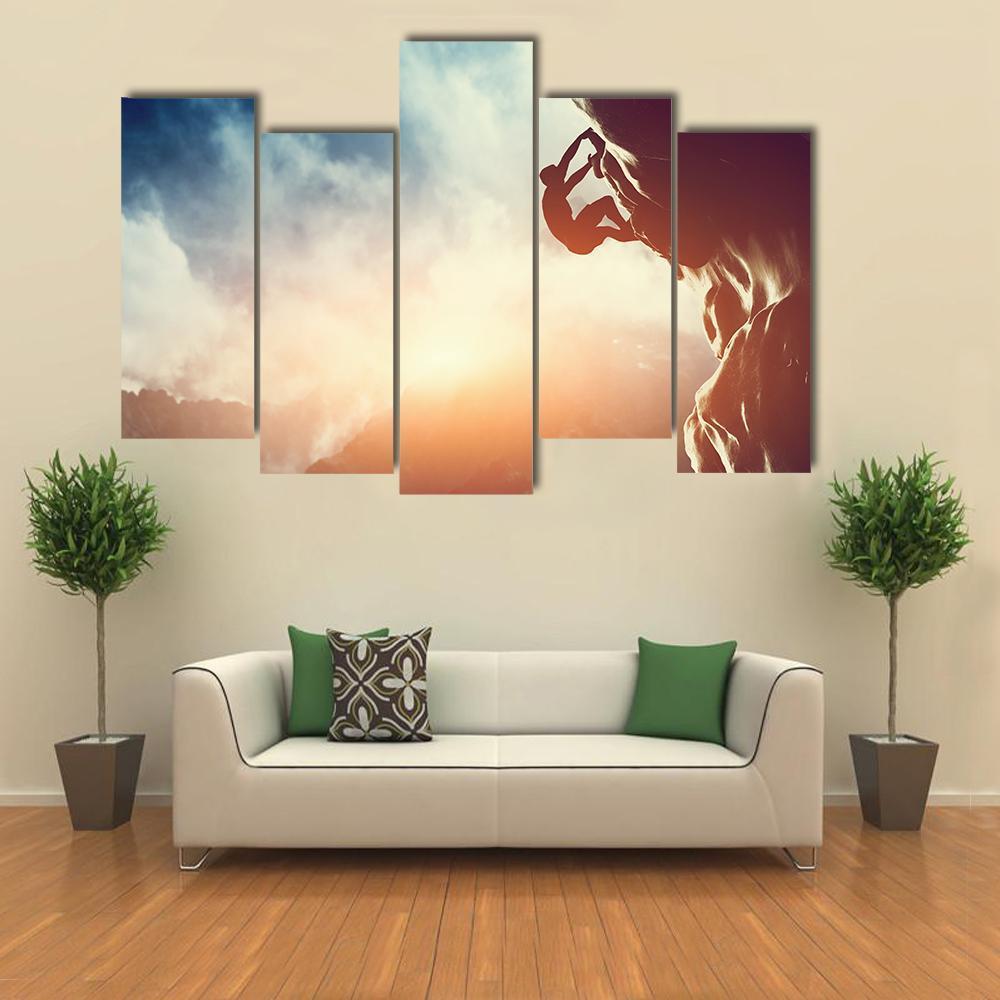 Silhouette Of Man Climbing On Rock Canvas Wall Art-5 Pop-Gallery Wrap-47" x 32"-Tiaracle