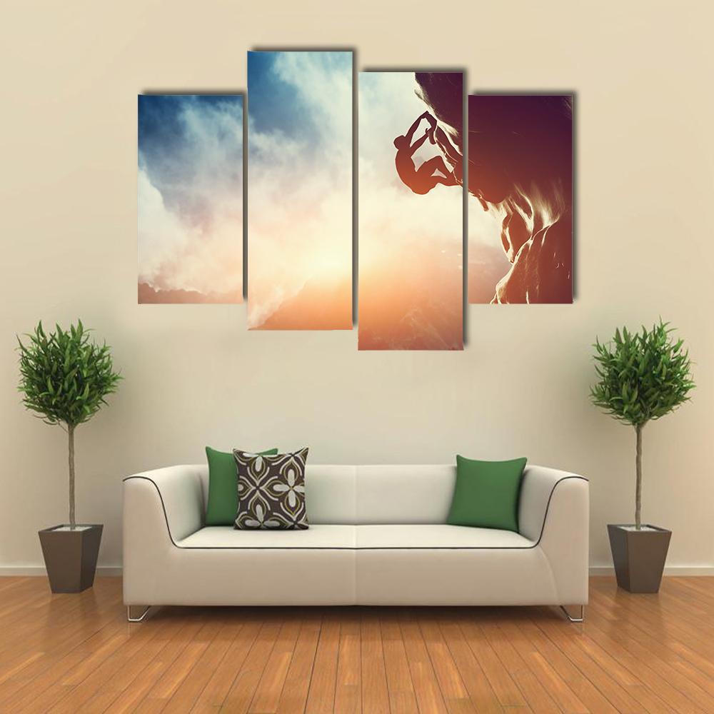 Silhouette Of Man Climbing On Rock Canvas Wall Art-3 Horizontal-Gallery Wrap-25" x 16"-Tiaracle