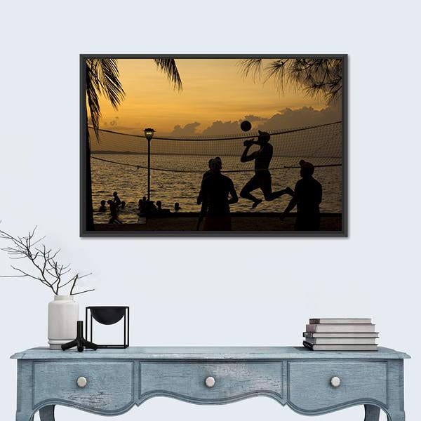 Silhouette Of People Playing Beach Volleyball At Sunset Canvas Wall Art-1 Piece-Floating Frame-24" x 16"-Tiaracle