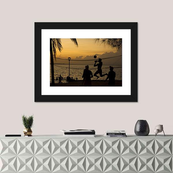 Silhouette Of People Playing Beach Volleyball At Sunset Canvas Wall Art-1 Piece-Framed Print-20" x 16"-Tiaracle