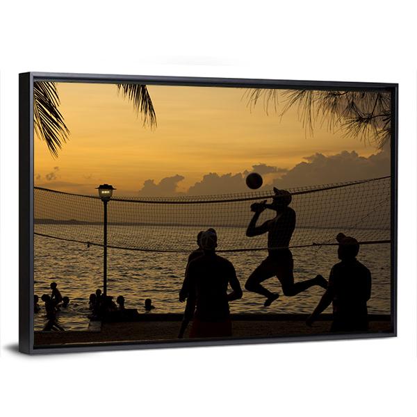 Silhouette Of People Playing Beach Volleyball At Sunset Canvas Wall Art-3 Horizontal-Gallery Wrap-25" x 16"-Tiaracle