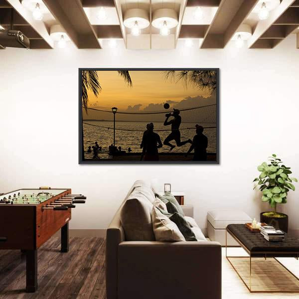 Silhouette Of People Playing Beach Volleyball At Sunset Canvas Wall Art-3 Horizontal-Gallery Wrap-25" x 16"-Tiaracle