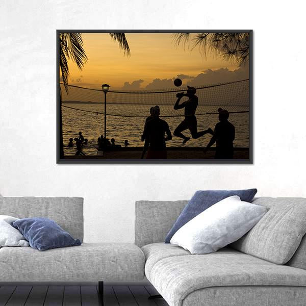 Silhouette Of People Playing Beach Volleyball At Sunset Canvas Wall Art-3 Horizontal-Gallery Wrap-25" x 16"-Tiaracle