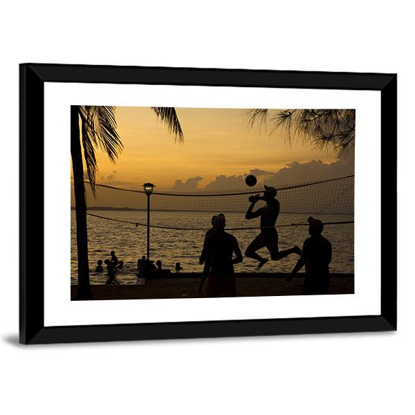 Silhouette Of People Playing Beach Volleyball At Sunset Canvas Wall Art-3 Horizontal-Gallery Wrap-25" x 16"-Tiaracle