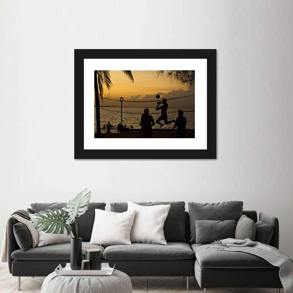 Silhouette Of People Playing Beach Volleyball At Sunset Canvas Wall Art-3 Horizontal-Gallery Wrap-25" x 16"-Tiaracle