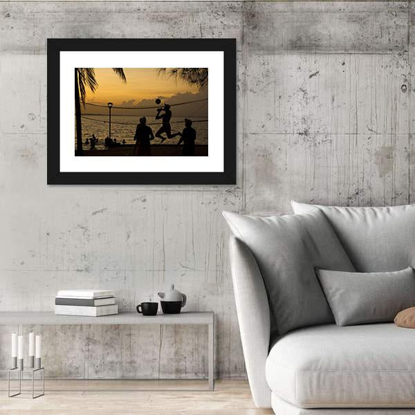 Silhouette Of People Playing Beach Volleyball At Sunset Canvas Wall Art-3 Horizontal-Gallery Wrap-25" x 16"-Tiaracle