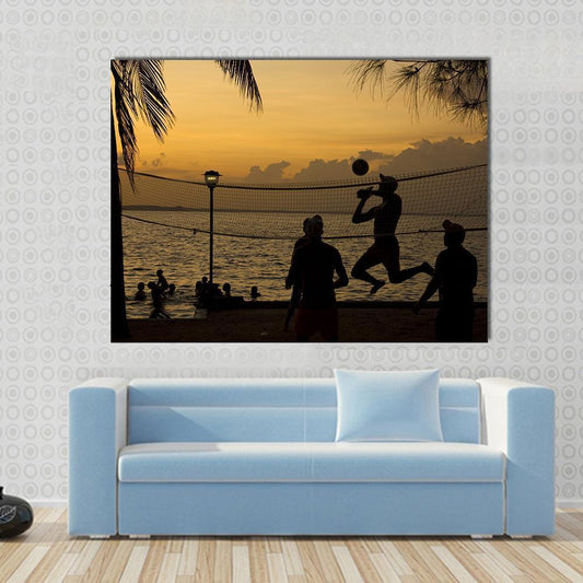 Silhouette Of People Playing Beach Volleyball At Sunset Canvas Wall Art-1 Piece-Gallery Wrap-48" x 32"-Tiaracle