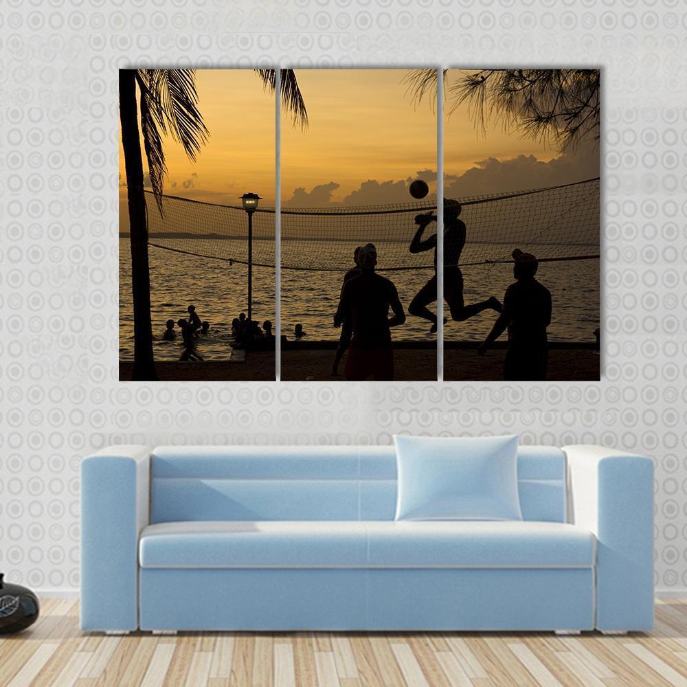 Silhouette Of People Playing Beach Volleyball At Sunset Canvas Wall Art-3 Horizontal-Gallery Wrap-37" x 24"-Tiaracle