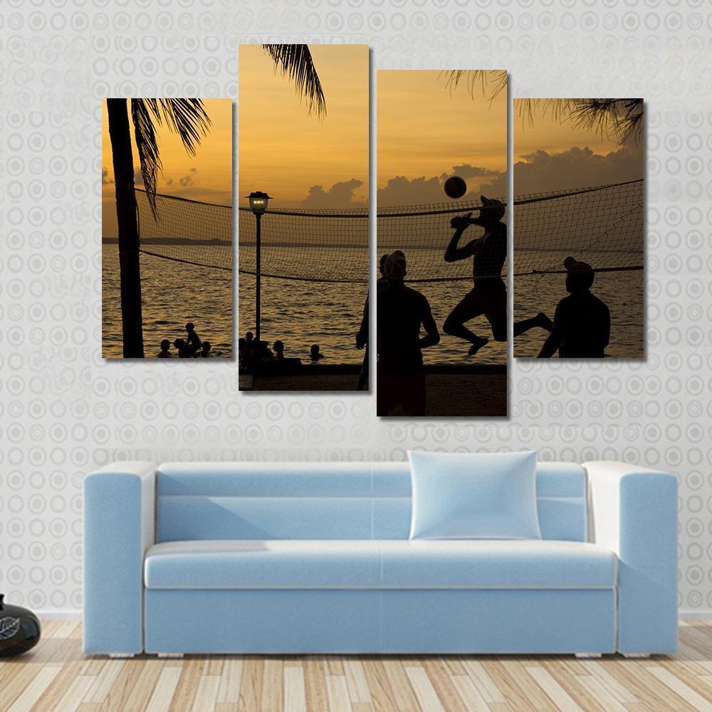 Silhouette Of People Playing Beach Volleyball At Sunset Canvas Wall Art-4 Pop-Gallery Wrap-50" x 32"-Tiaracle