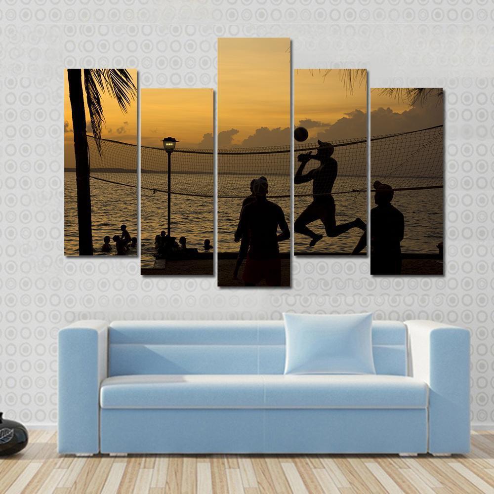 Silhouette Of People Playing Beach Volleyball At Sunset Canvas Wall Art-5 Pop-Gallery Wrap-47" x 32"-Tiaracle