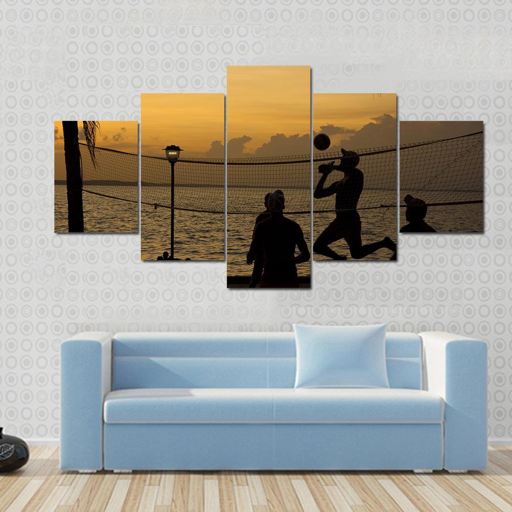 Silhouette Of People Playing Beach Volleyball At Sunset Canvas Wall Art-5 Star-Gallery Wrap-62" x 32"-Tiaracle