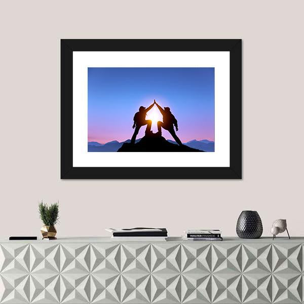 Silhouette Of Two Man With Success Canvas Wall Art-1 Piece-Framed Print-20" x 16"-Tiaracle