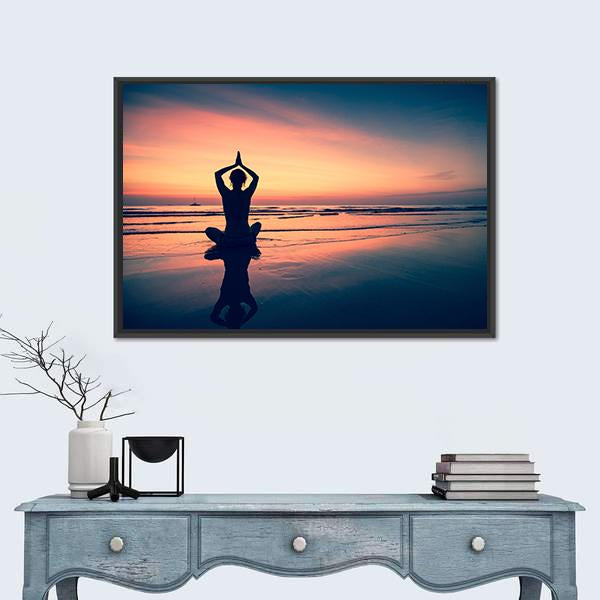 Silhouette Of Woman Practicing Yoga At The Seaside Canvas Wall Art-1 Piece-Floating Frame-24" x 16"-Tiaracle