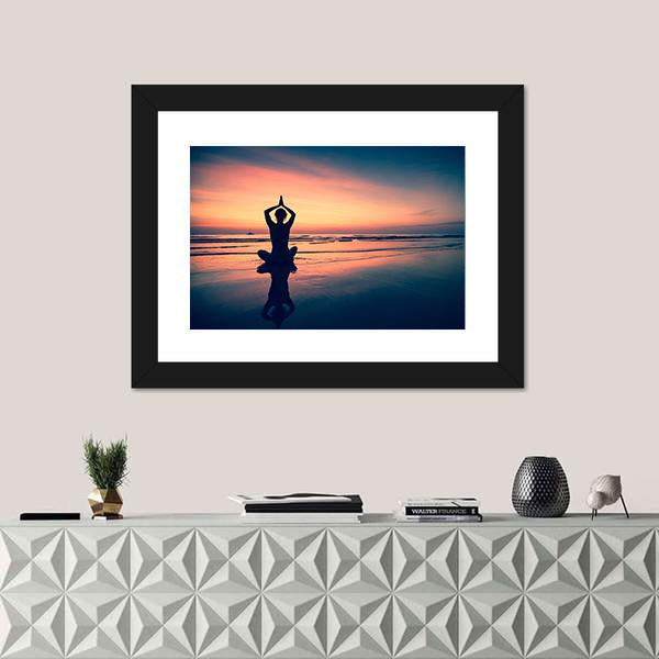 Silhouette Of Woman Practicing Yoga At The Seaside Canvas Wall Art-1 Piece-Framed Print-20" x 16"-Tiaracle