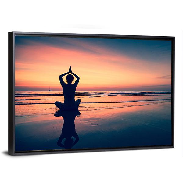 Silhouette Of Woman Practicing Yoga At The Seaside Canvas Wall Art-3 Horizontal-Gallery Wrap-25" x 16"-Tiaracle