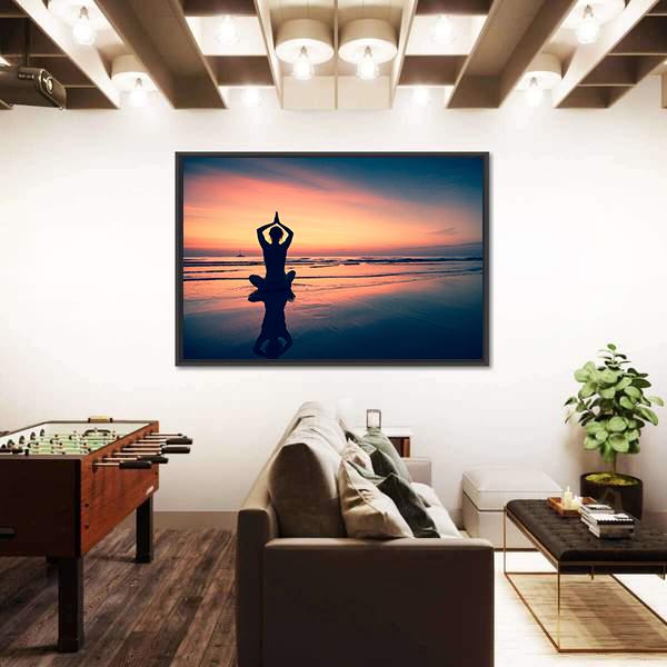 Silhouette Of Woman Practicing Yoga At The Seaside Canvas Wall Art-3 Horizontal-Gallery Wrap-25" x 16"-Tiaracle